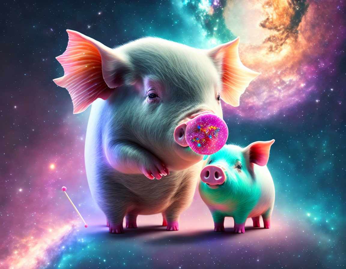 Two pigs against cosmic background with wings and sparkly nose.