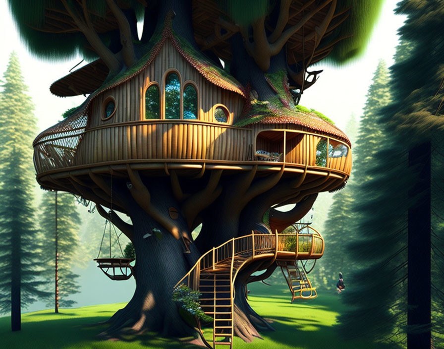 Circular window treehouse in forest with wraparound balcony