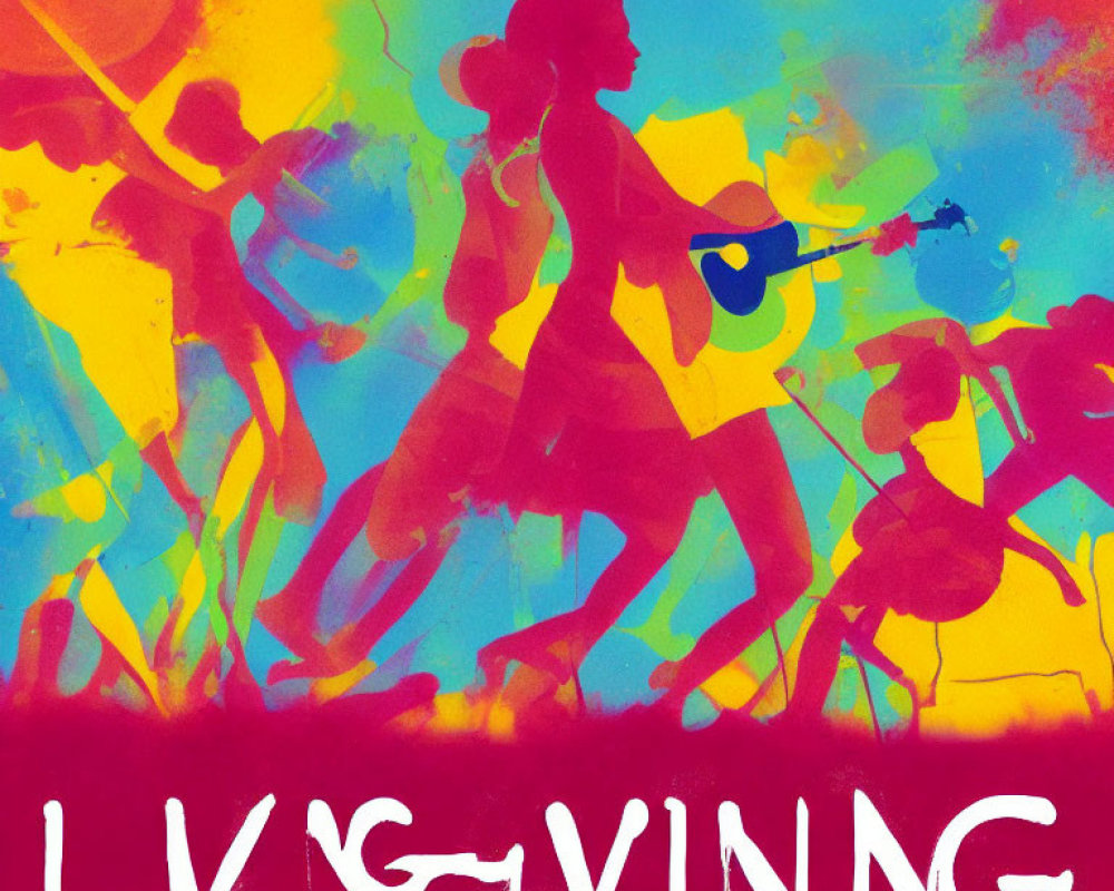 Vibrant rainbow band silhouette with "LIVING" word in foreground