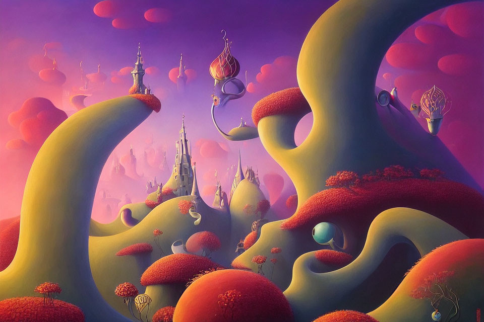 Surreal landscape with whimsical castles and vibrant colors