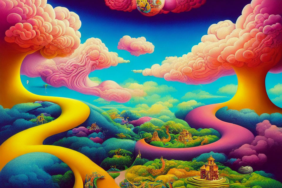 Surreal landscape with pink clouds, yellow paths, green hills