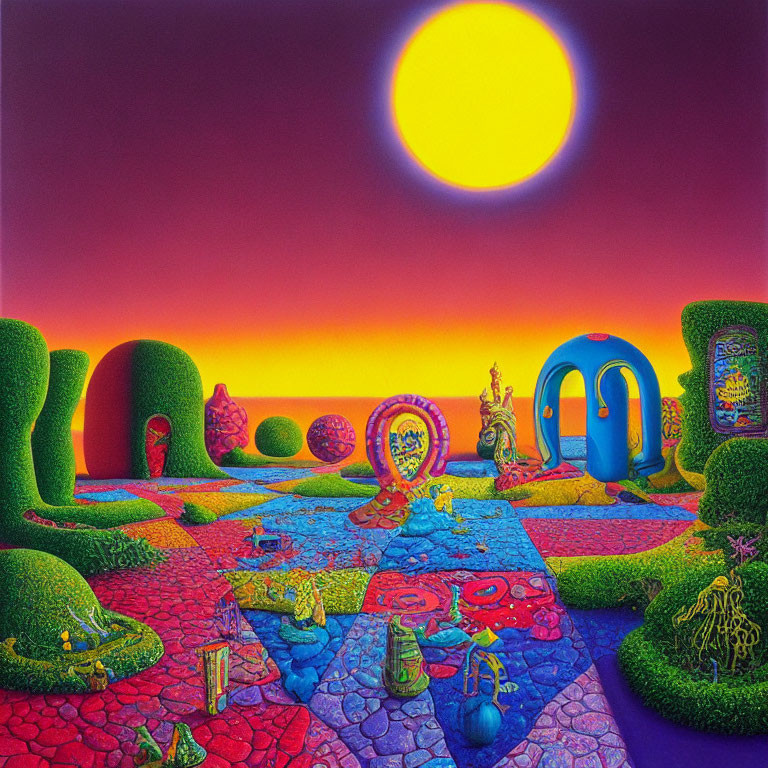 Vibrant Psychedelic Landscape with Sun and Abstract Elements