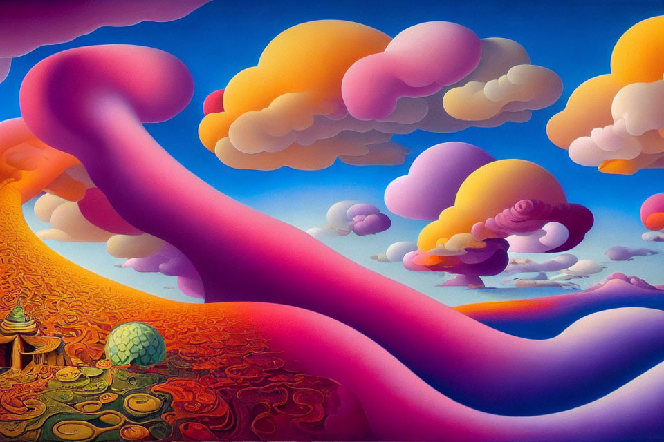 Colorful surreal landscape with winding path and whimsical details