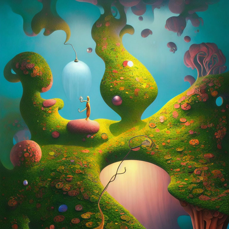 Colorful surreal landscape with tree-like structures and humanoid figure gazing at lantern