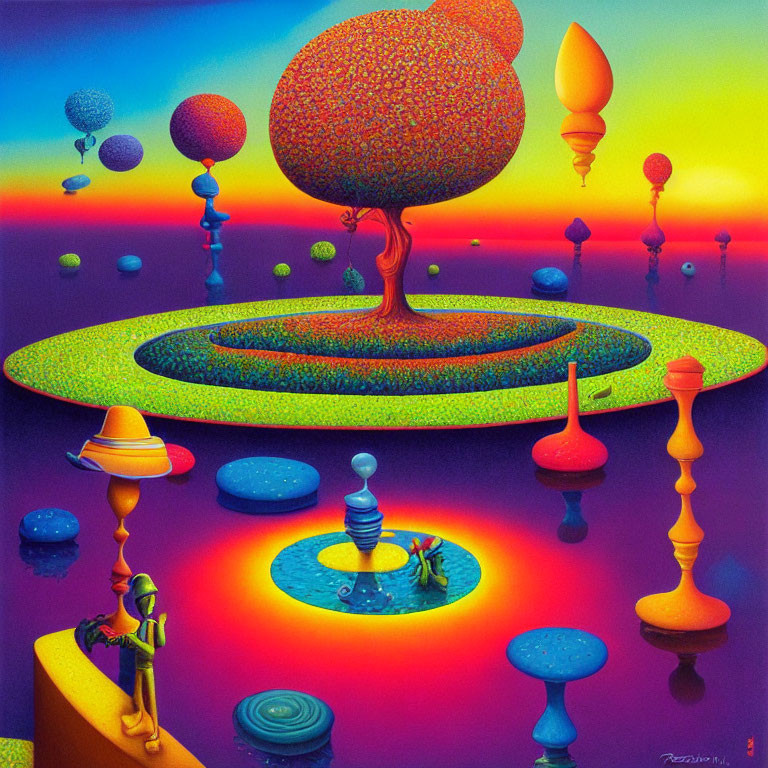 Colorful Tree and Floating Spheres in Surreal Landscape