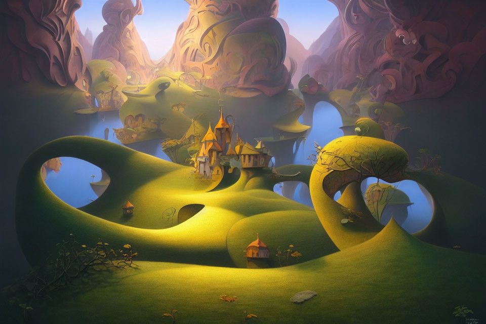 Fantasy landscape with golden castle and surreal trees