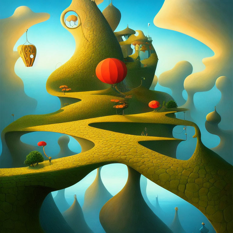 Surreal landscape with winding tree, floating islands, red balloon