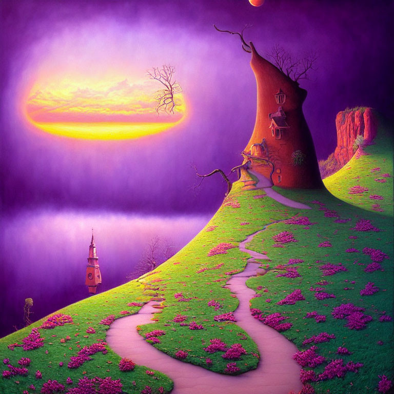 Whimsical landscape with vibrant purple sky, treehouse, distant tower, oversized setting sun.