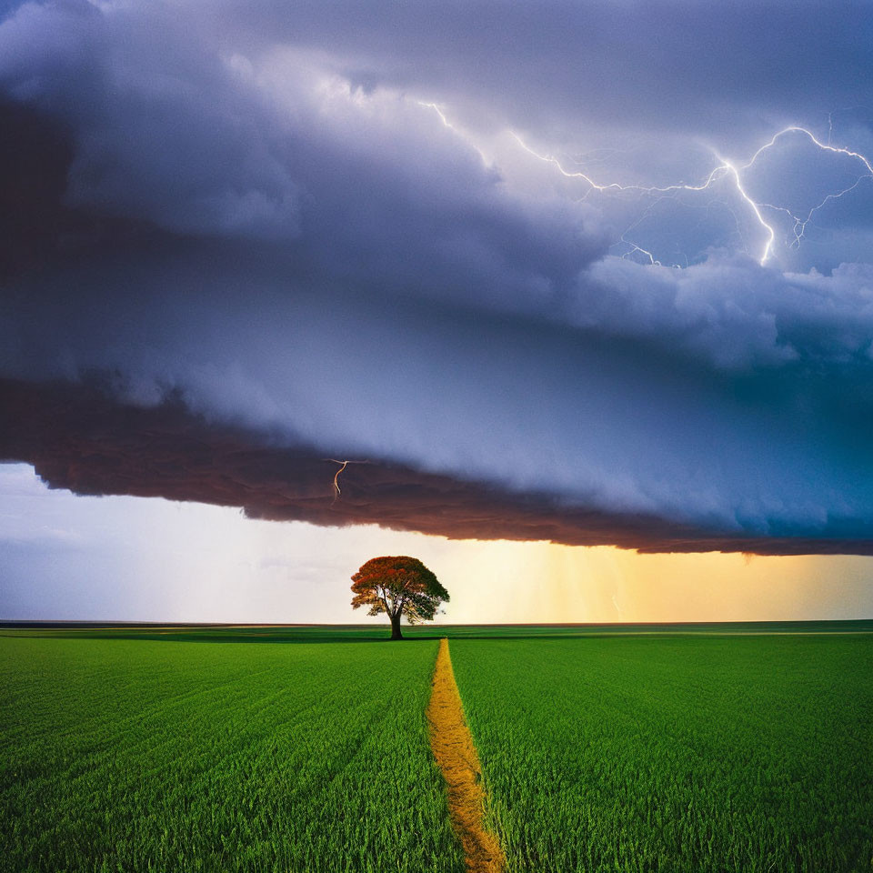 Solitary Tree on Green Field Under Stormy Sky with Lightning