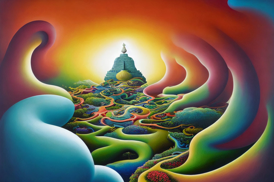 Colorful Surreal Landscape Painting with Stupa and Sun