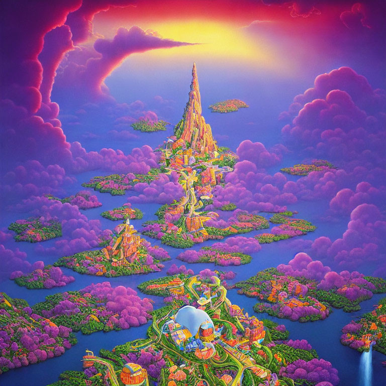 Fantasy landscape with towering peak, sunset sky, purple clouds, lush islands.