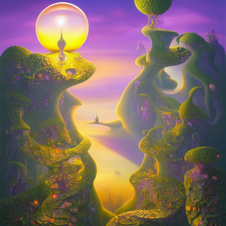 Surreal organic towers in purple and yellow sky with glowing orb