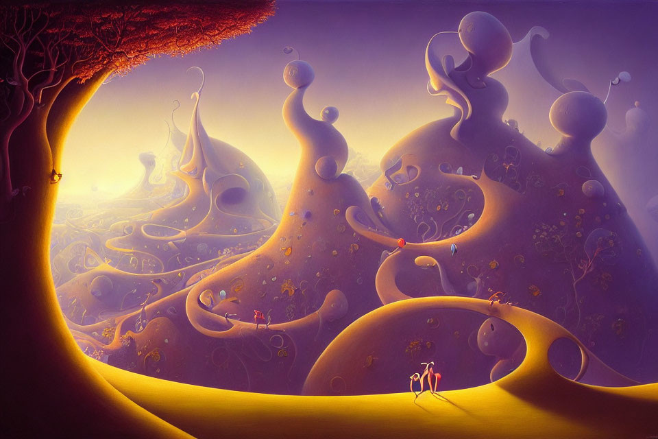 Surreal landscape with organic shapes, figures, whimsical trees in purple and yellow hues