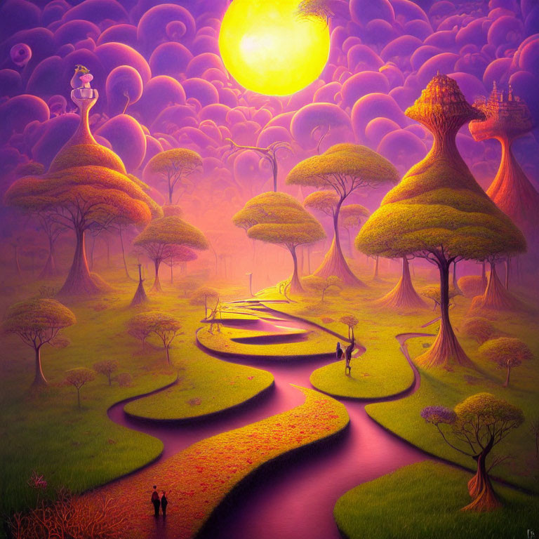 Fantasy landscape with winding rivers, purple flora, moon, surreal trees