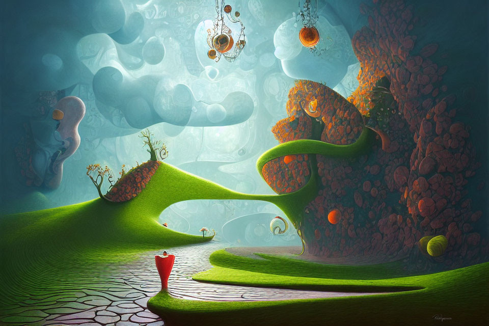 Whimsical surreal landscape with red chair and floating orbs