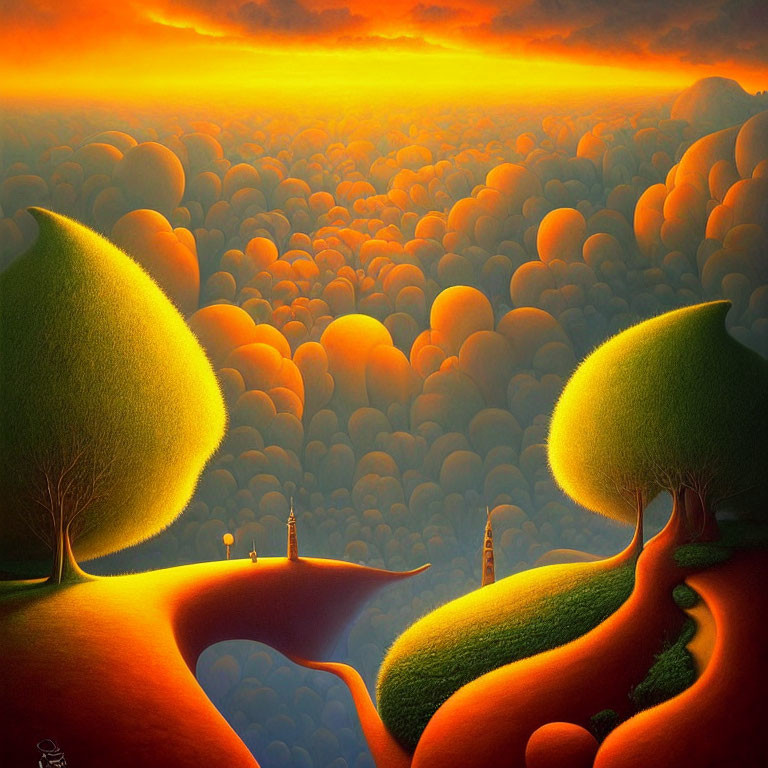 Surreal landscape with oversized trees and tiny figures under orange sky