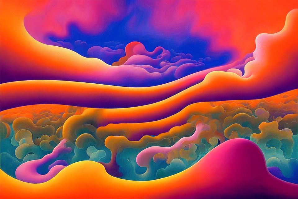 Colorful Abstract Painting: Orange, Purple, and Blue Undulating Shapes