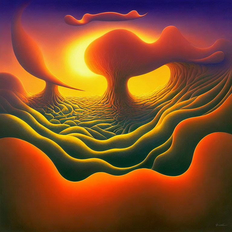 Surreal landscape with undulating orange and yellow hills under a glowing sun