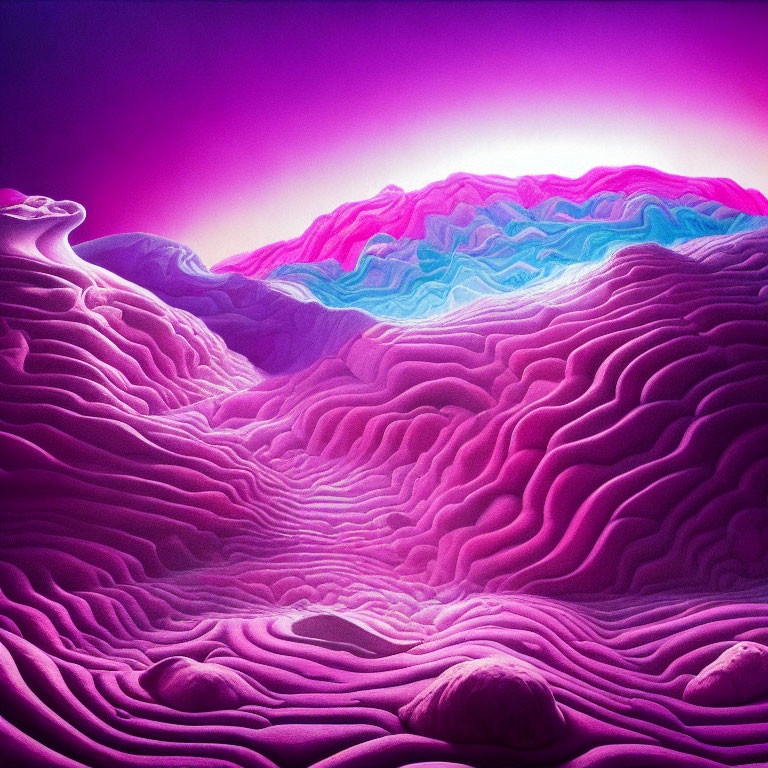 Colorful digital artwork: Layered terrain in pink, purple, and blue under magenta sky