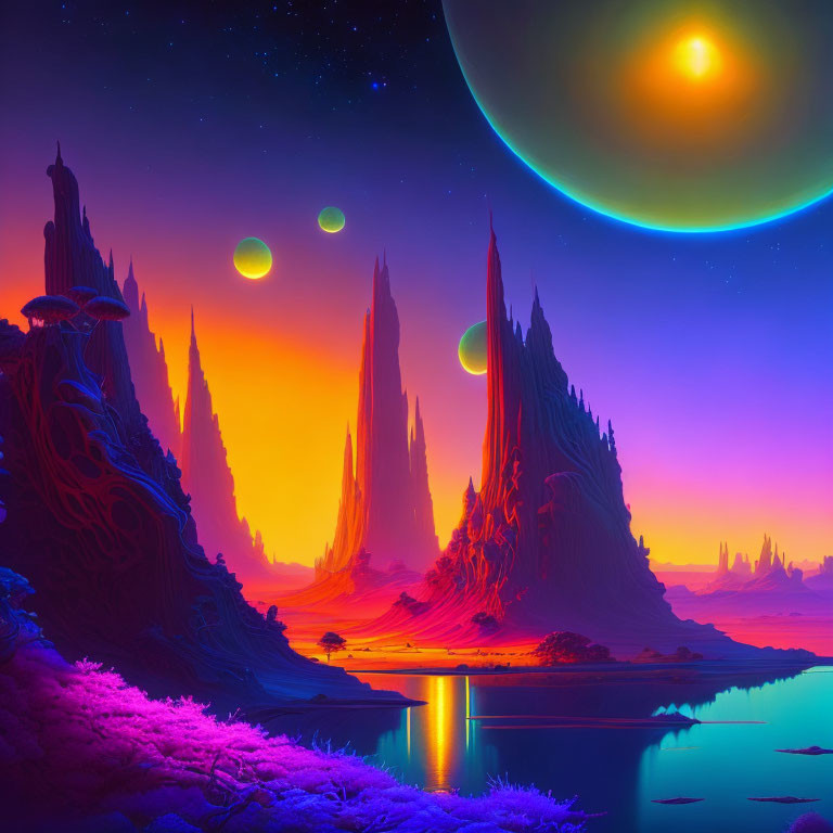 Vibrant sci-fi landscape with rock formations, reflective lake, purple foliage, moons, starry