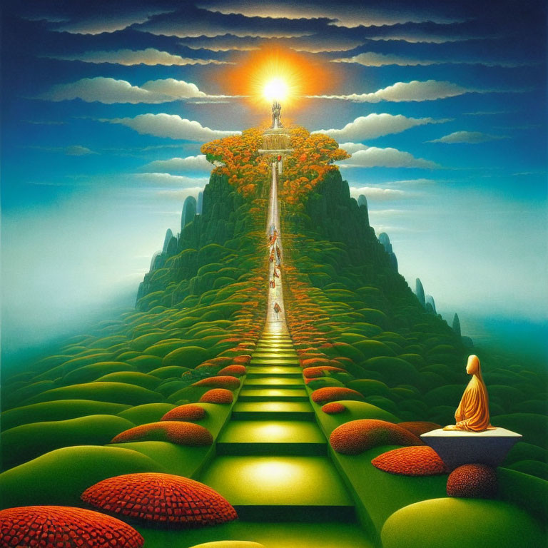 Surreal landscape with meditating monk, glowing figure on mountain