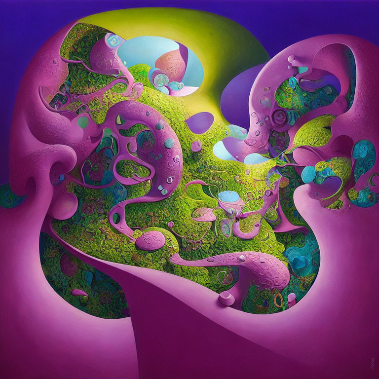 Colorful Abstract Painting: Swirling Purple, Green, and Pink Patterns