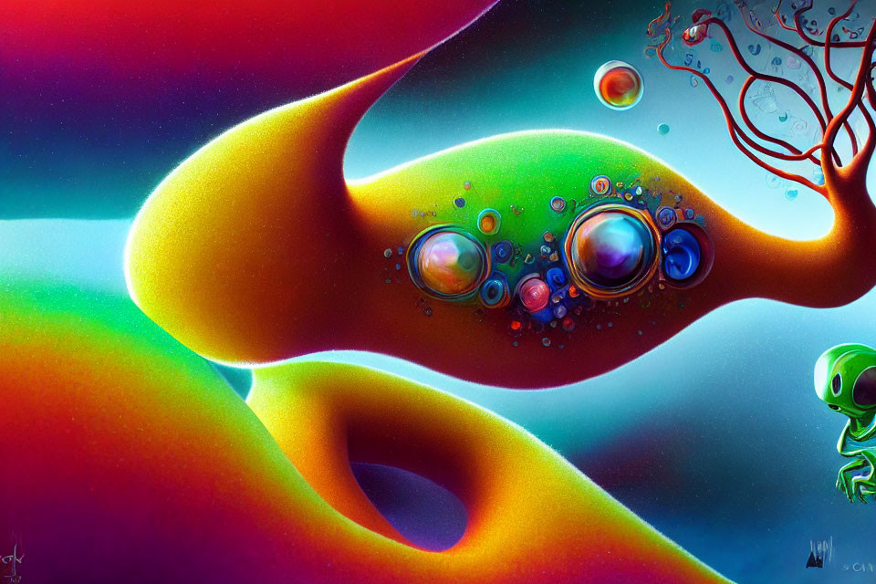 Vibrant abstract art: fluid shapes, bubbles, alien figure, cosmic backdrop