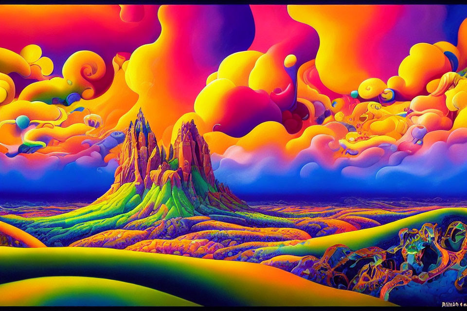 Colorful surreal landscape with central rocky formation and swirling clouds