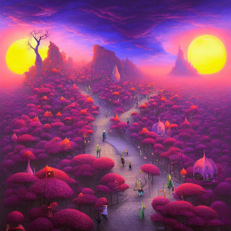 Dual suns setting over vibrant fantasy landscape with colorful characters and whimsical structures.