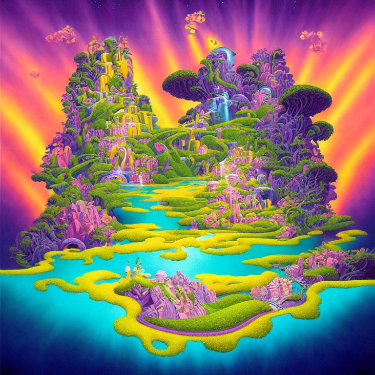 Fantastical landscape with lush greenery, waterfalls, and purple sky