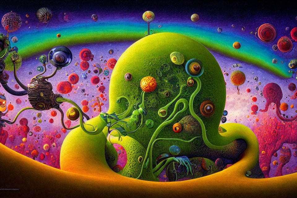 Colorful surreal landscape with green planet and floating orbs