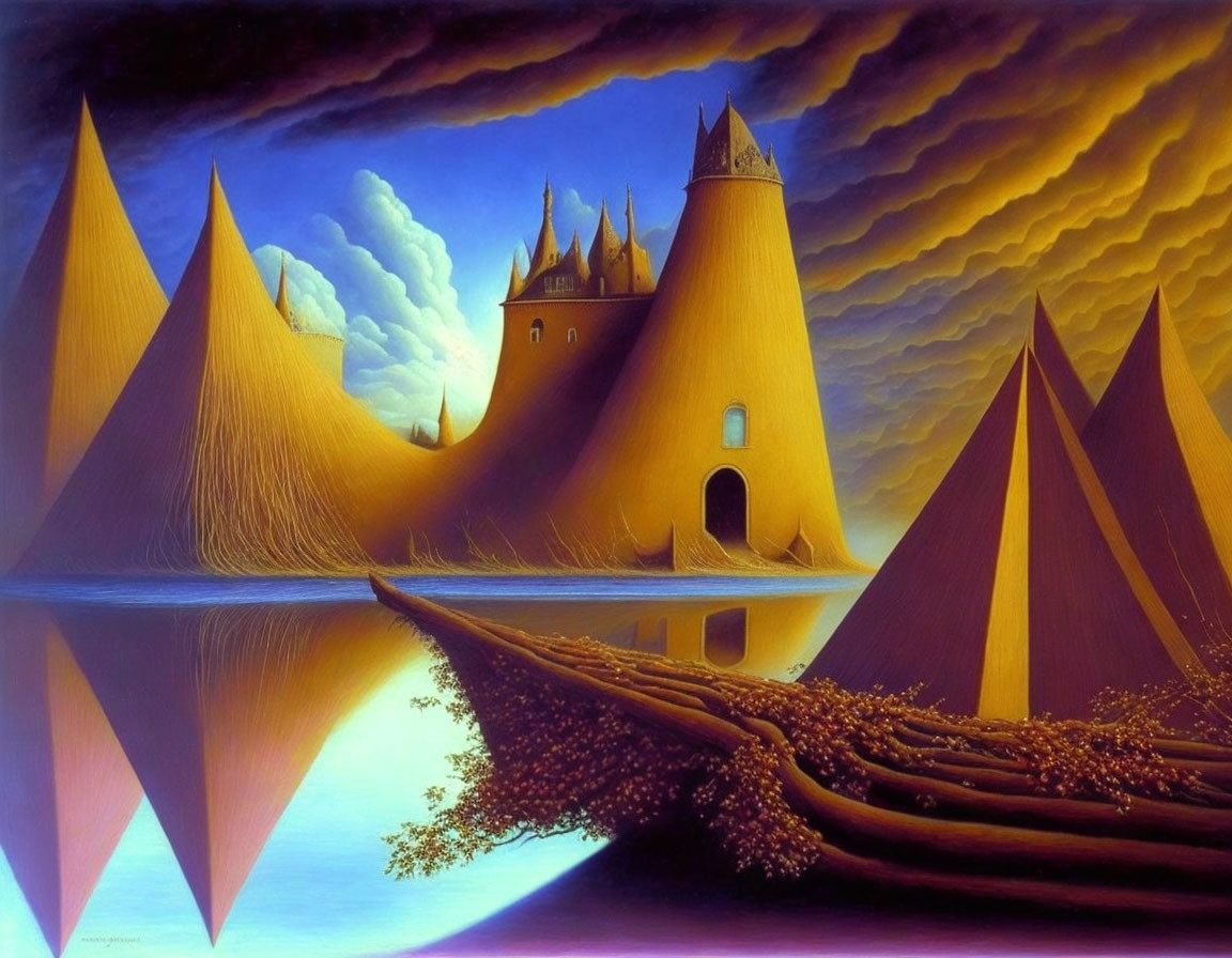 Fantastical landscape: Golden castles, pointed hills, dramatic sky & reflective water.