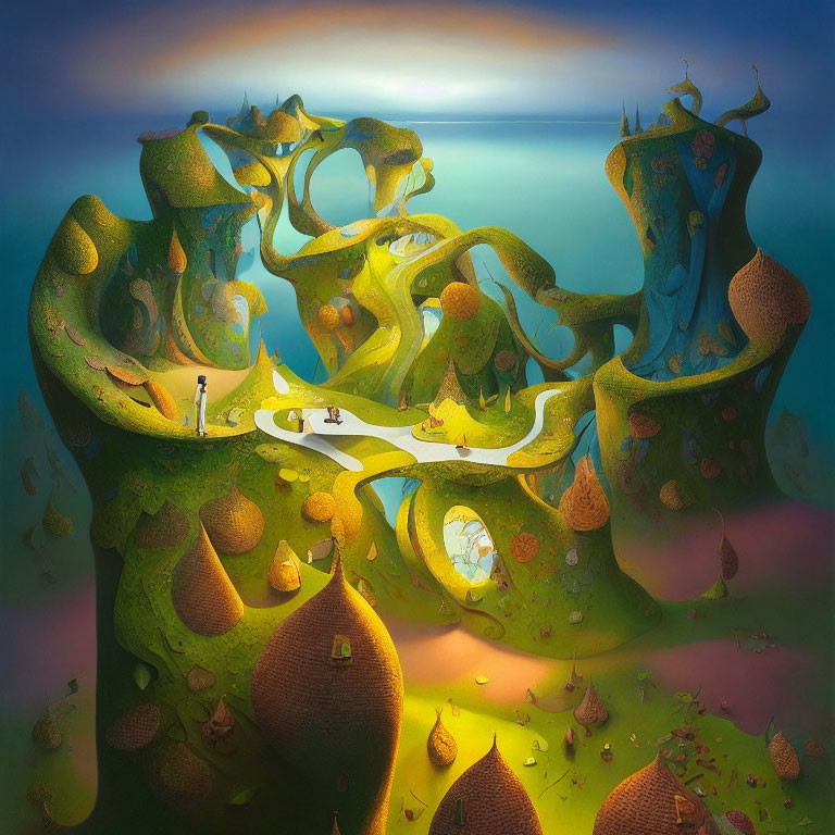 Surreal landscape with green structures, floating islands, and figure on checkerboard ground