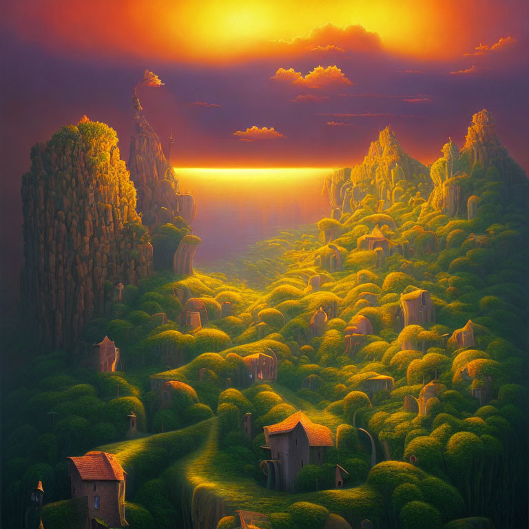 Sunset Fantasy Landscape with Rocky Peaks and Lush Green Hills