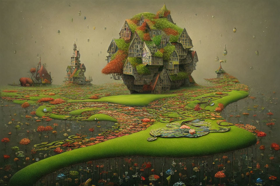 Whimsical floating island with surreal houses and creatures