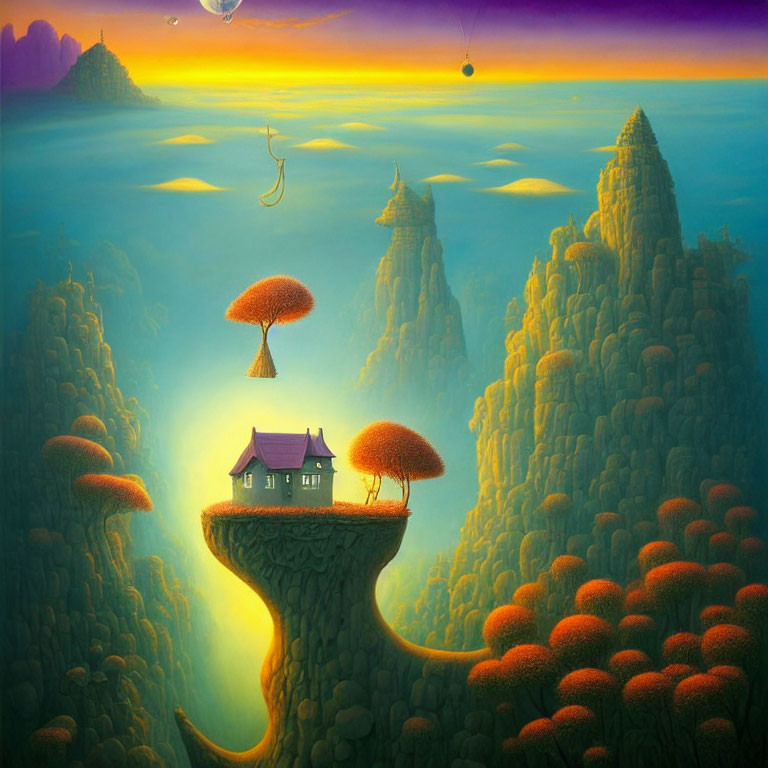 Vibrant surreal landscape with floating islands and mushroom-like trees