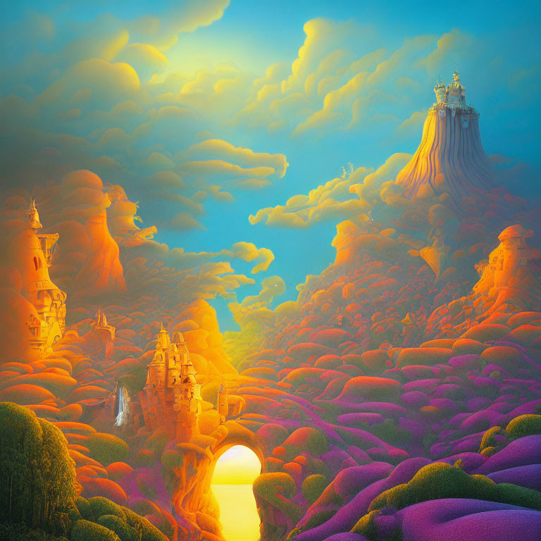 Colorful Fantasy Landscape with Vibrant Vegetation and Castles on Cliffs