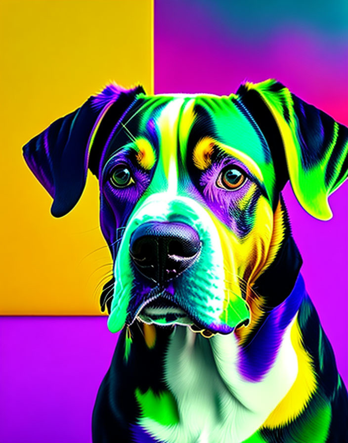 Digitally altered neon dog on split background