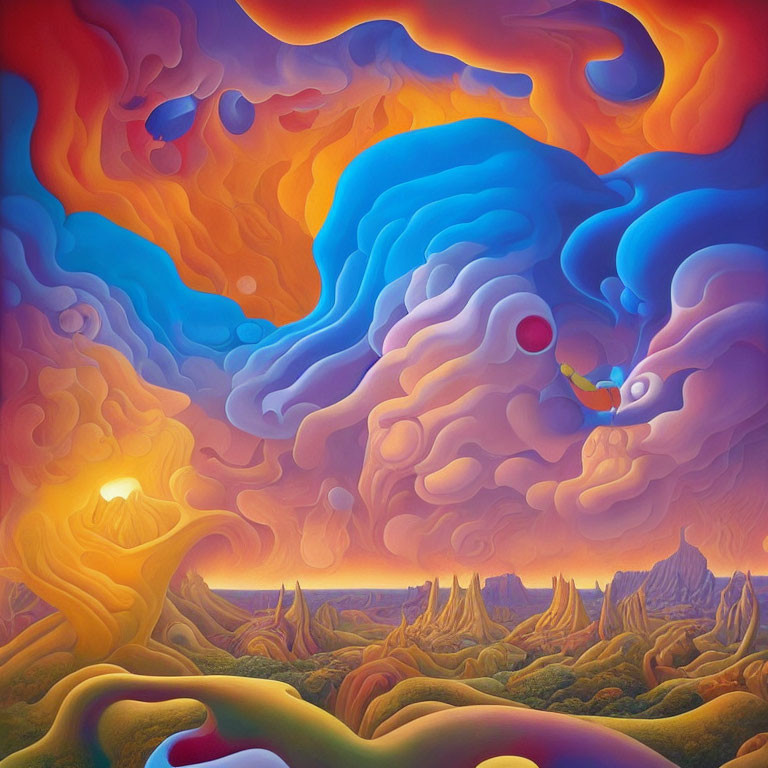 Colorful Surreal Landscape with Red Balloon and Vibrant Clouds