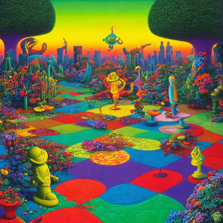 Colorful Psychedelic Garden with Alien Sculptures and City Skyline