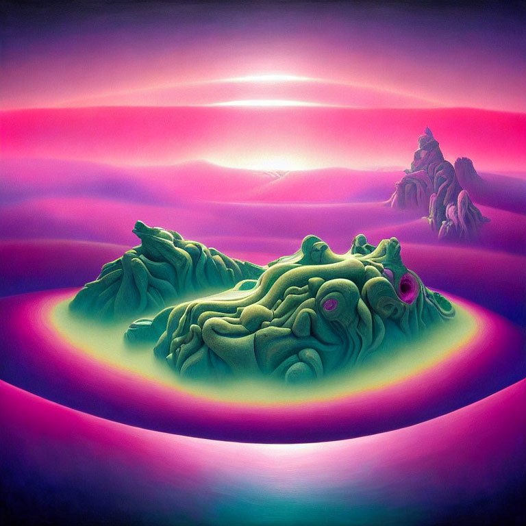 Vibrant pink and purple surreal landscape with undulating hills and reflective water