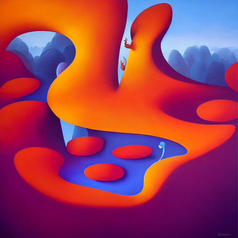 Vibrant abstract painting with orange and blue forms, small floating figure, and white observer