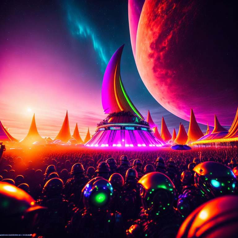 Futuristic landscape with giant planet, neon-lit spires, and shiny orbs