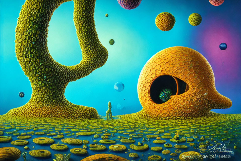 Person standing on vibrant alien landscape with organic structures and eye-like dwelling