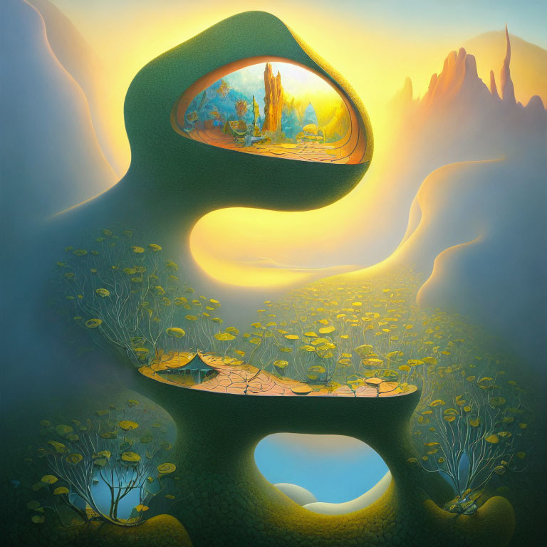 Surreal landscape with floating eye-shaped island and vibrant ecosystem