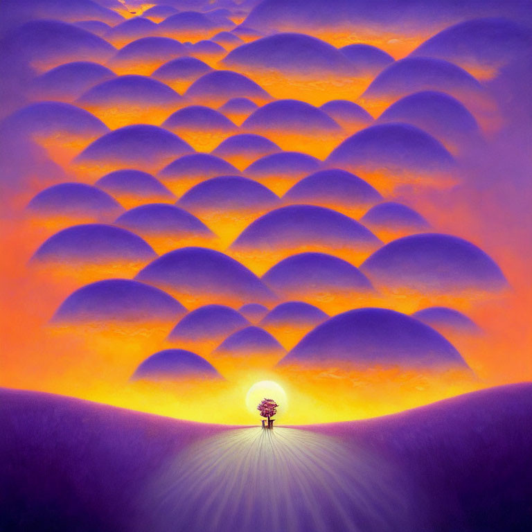 Surreal landscape with purple hills, orange sky, and glowing tree