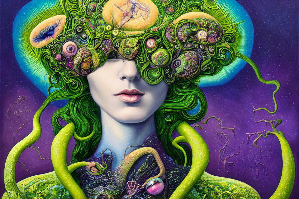 Vibrant surreal portrait of person with green hair and ornate headpiece against cosmic backdrop