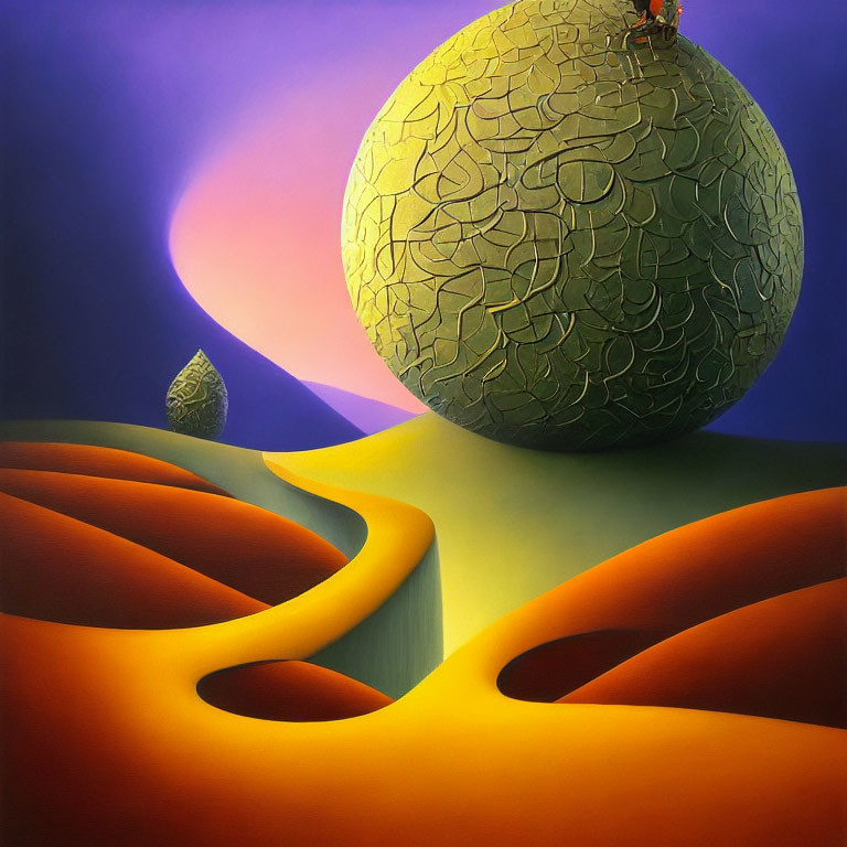 Colorful surrealistic artwork: textured sphere, tiny human figures, orange shapes, purple sky