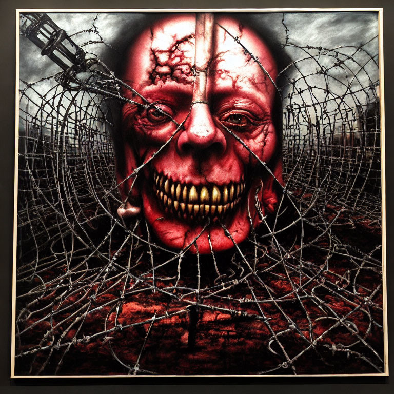 Surreal artwork: Grimacing face, cracked skin, barbed wire, crane, foreb