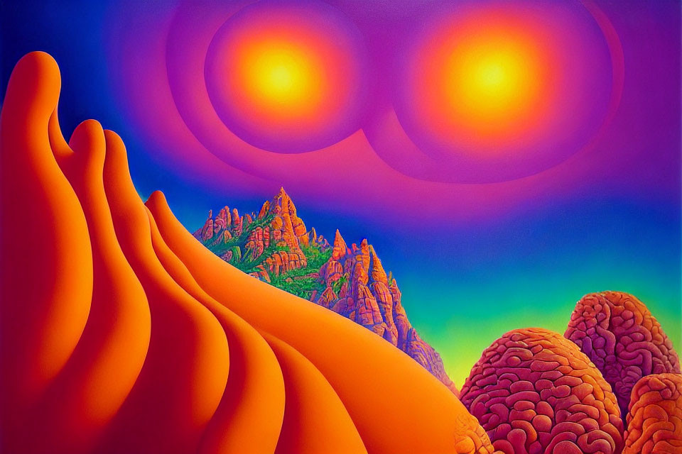 Surreal landscape with orange shapes, rock formations, and purple sky